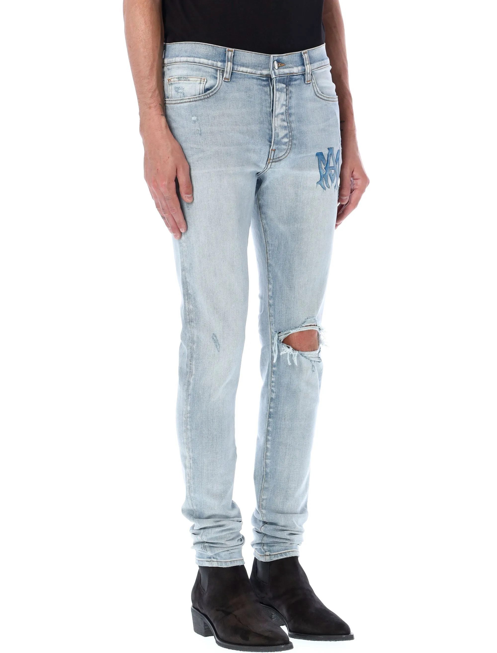 Amiri Logo Detailed Distressed Skinny Jeans