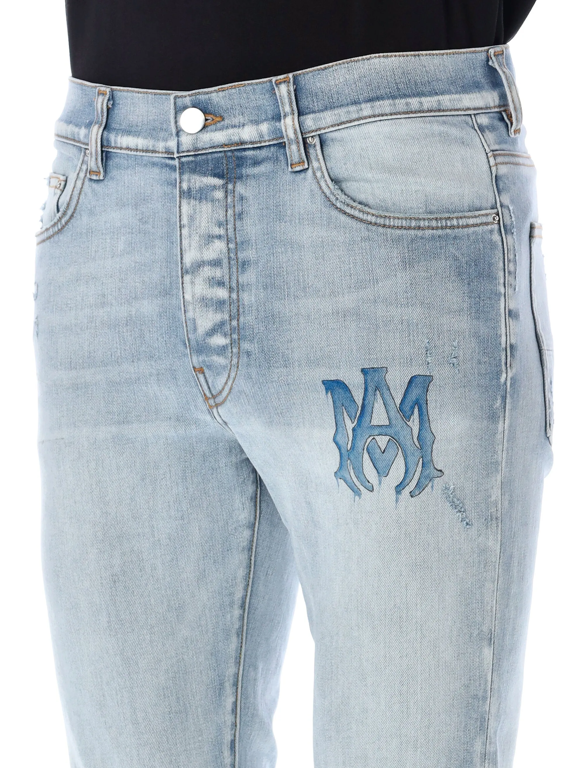 Amiri Logo Detailed Distressed Skinny Jeans