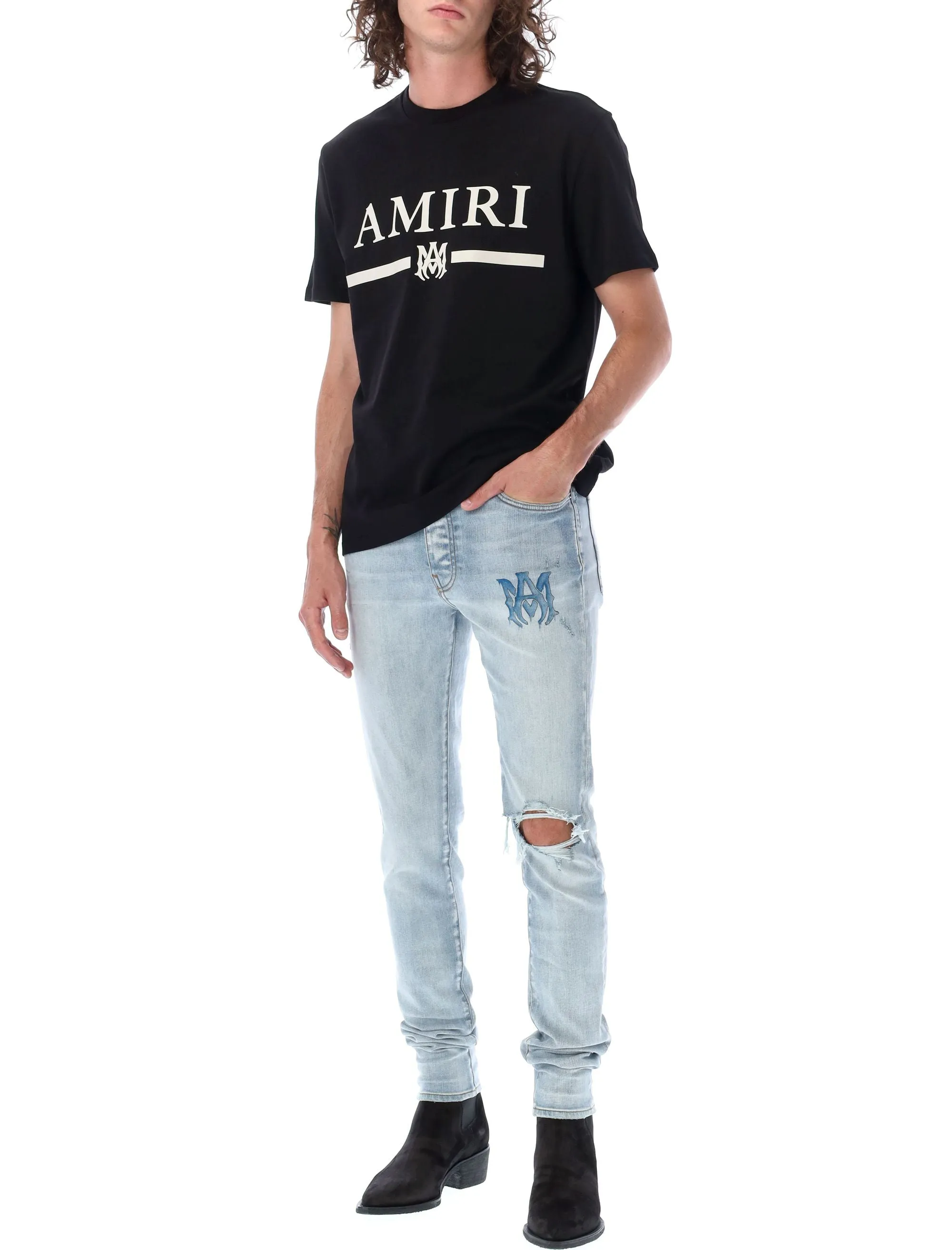 Amiri Logo Detailed Distressed Skinny Jeans