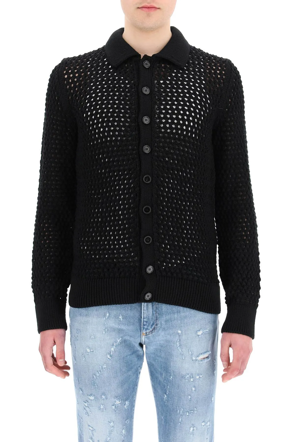 Dolce & Gabbana Mesh-Stitch Polo-Style Sweater