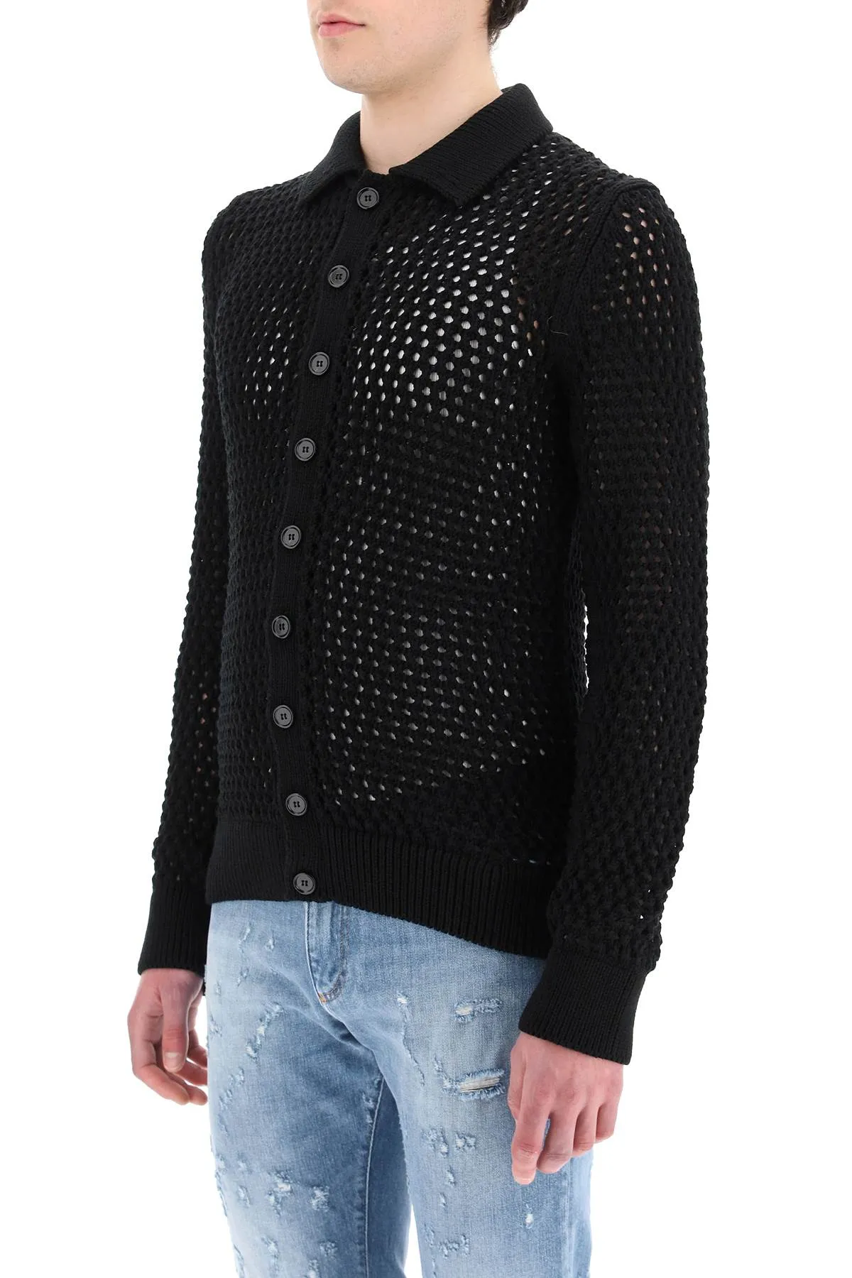 Dolce & Gabbana Mesh-Stitch Polo-Style Sweater