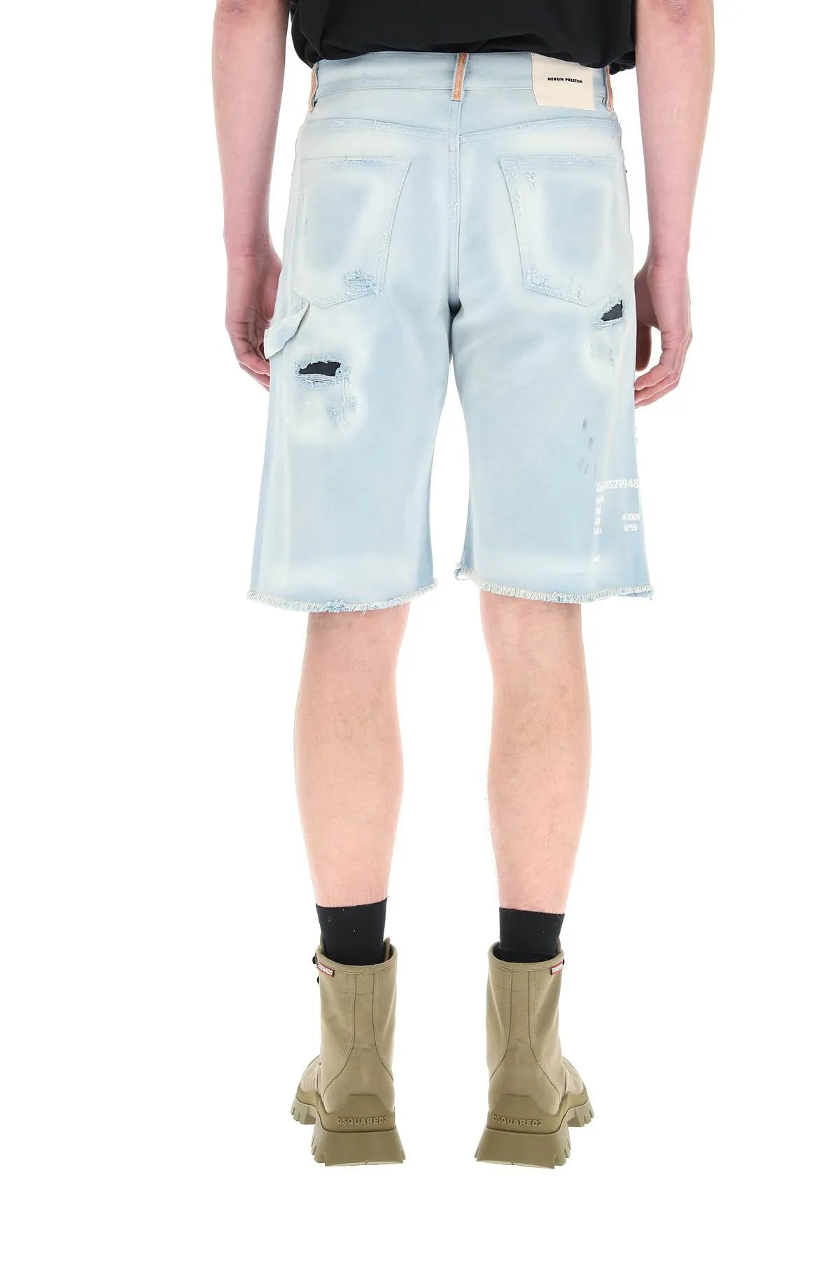 Heron Preston Logo Patch Distressed Denim Shorts