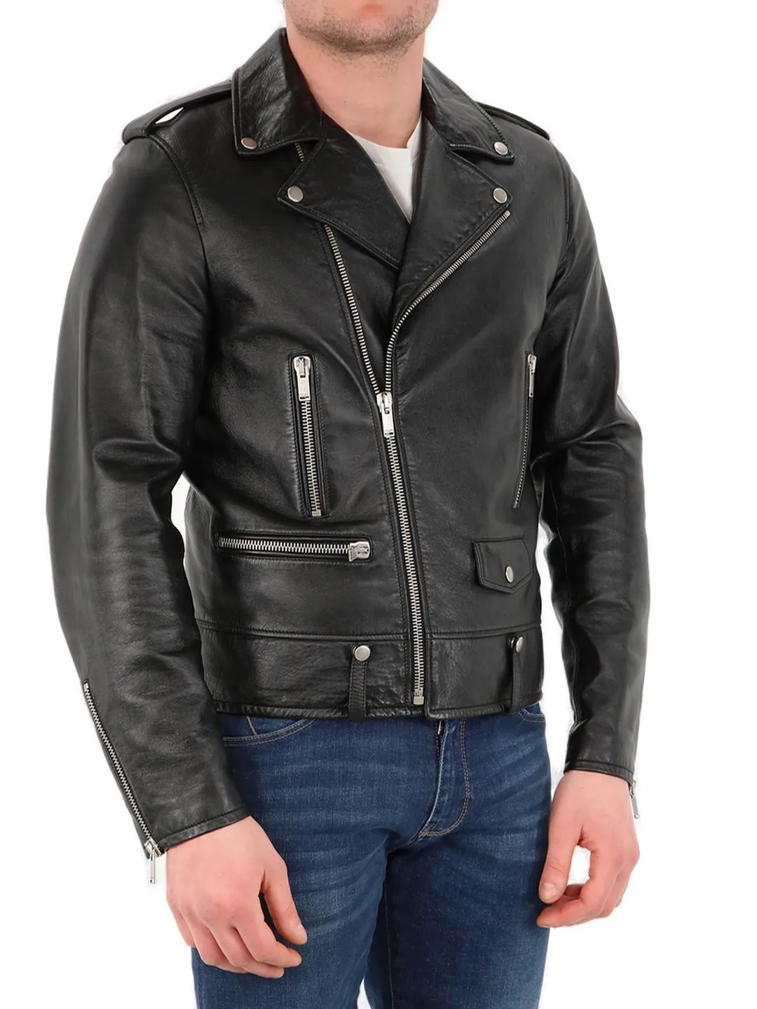 Saint Laurent Zip Detailed Leather Jacket
