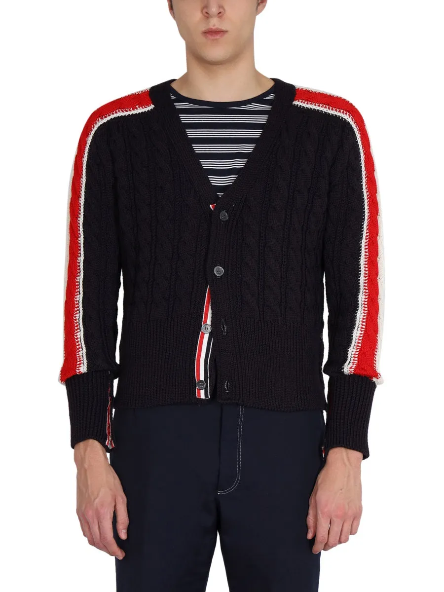 Thom Browne RWB Cable-Knitted V-Neck Cardigan