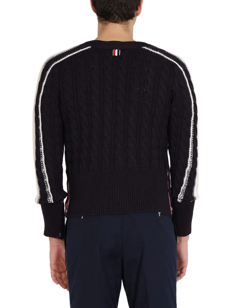 Thom Browne RWB Cable-Knitted V-Neck Cardigan