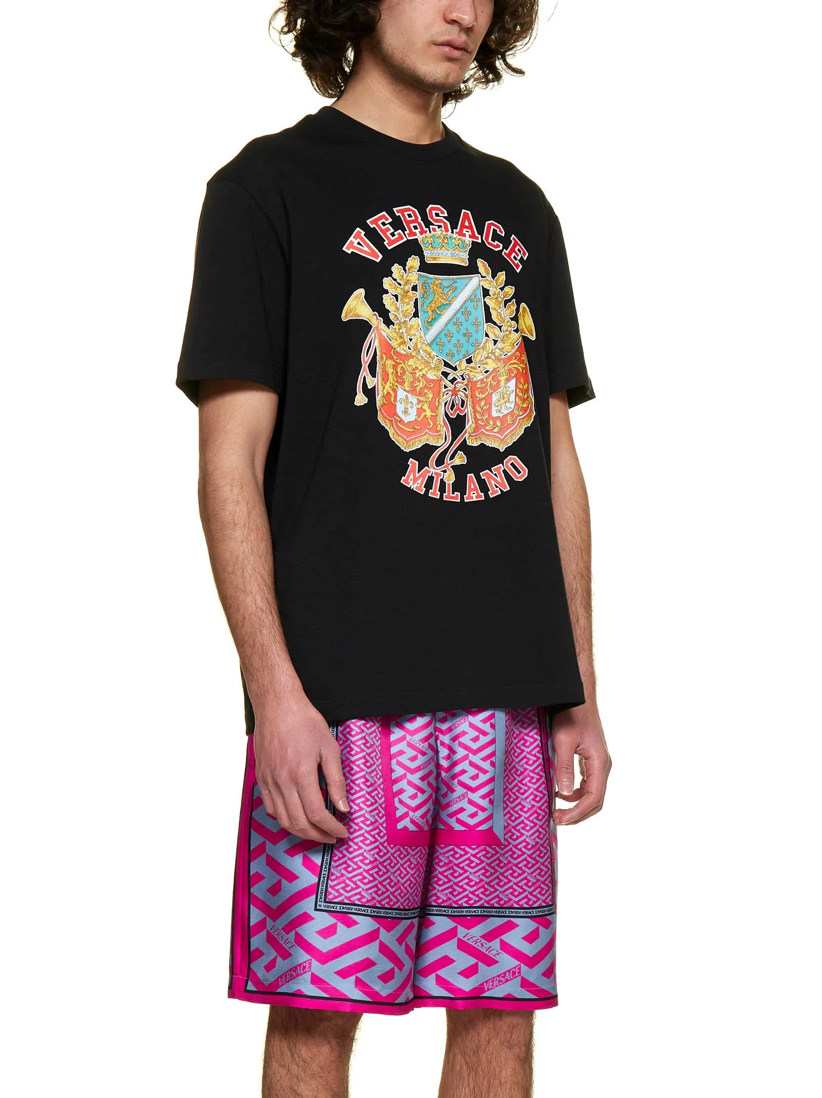 Versace La Greca Panelled-Print Wide Leg Shorts
