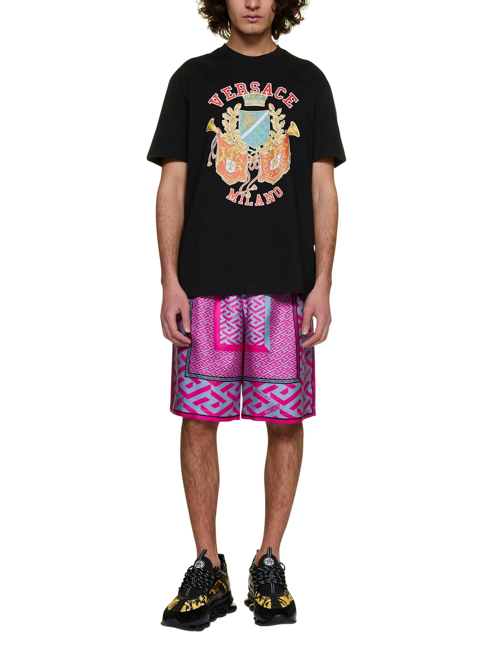 Versace La Greca Panelled-Print Wide Leg Shorts