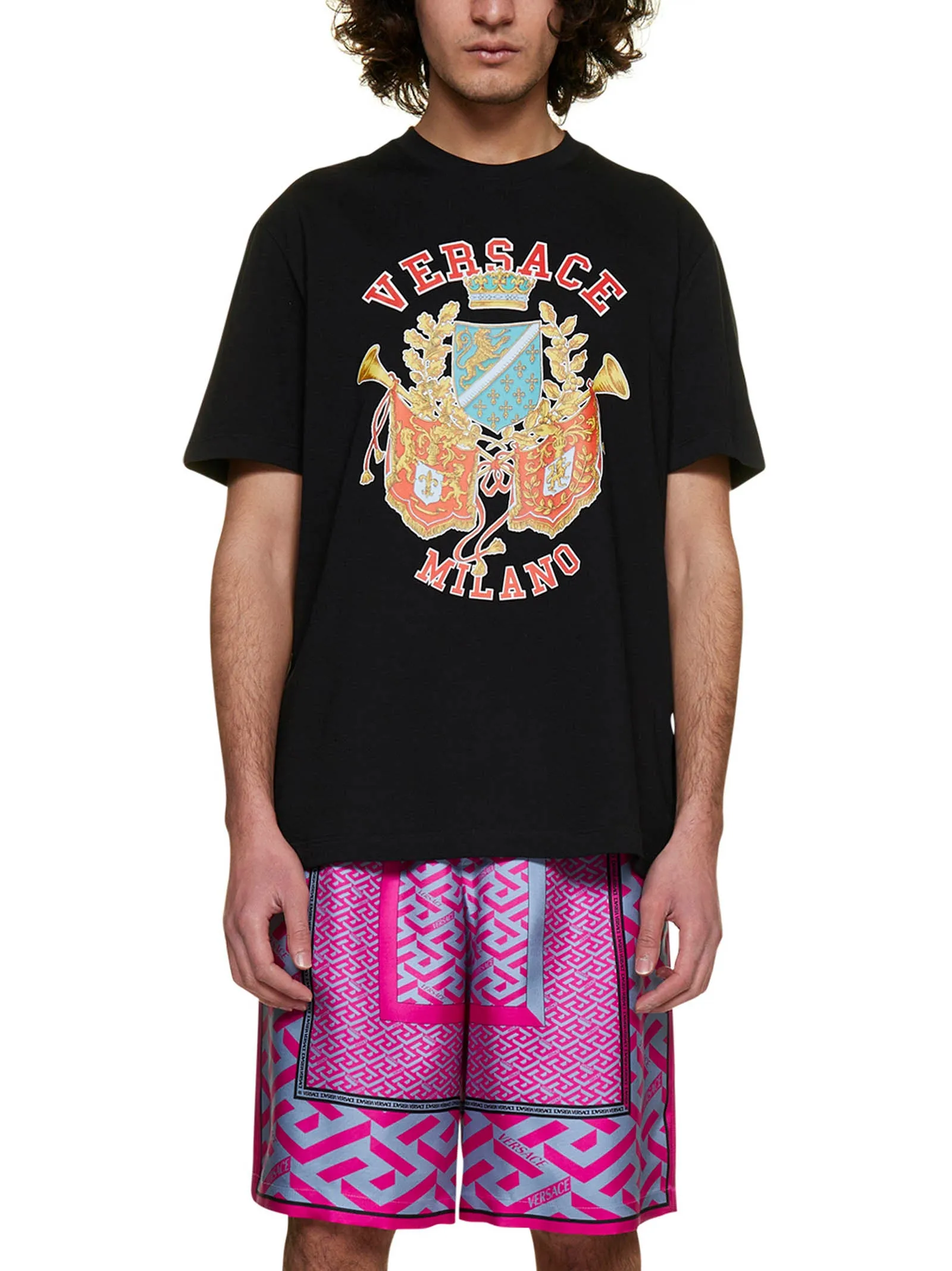 Versace La Greca Panelled-Print Wide Leg Shorts